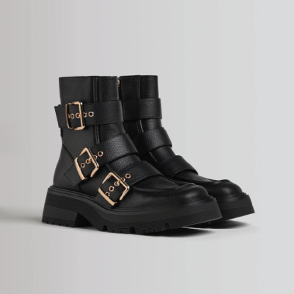Picture of Bershka belted flat-soled black leather boots