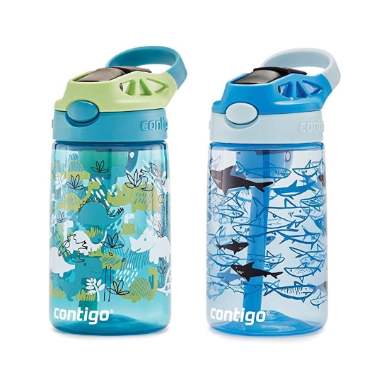 Picture of Contigo Kids Water Bottle with Redesigned AUTOSPOUT Straw, 14 oz., Dinos & Sharks, 2-Pack